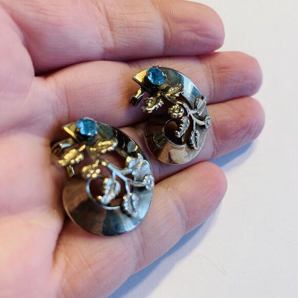 Vintage Mid Century Scatter Pins Set Brooches Silvertone & Blue Rhinestones - Picture 5 of 5